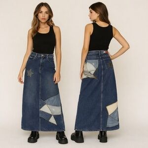 TOMMY JEANS Y2K Star Patch Denim Maxi Skirt Sz 25 - Vintage Patchwork Streetwear